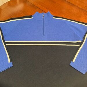 Meister Sweater Mens L Blue Black 1/4 Zip Mock Neck Striped Knit Pullover Y2K